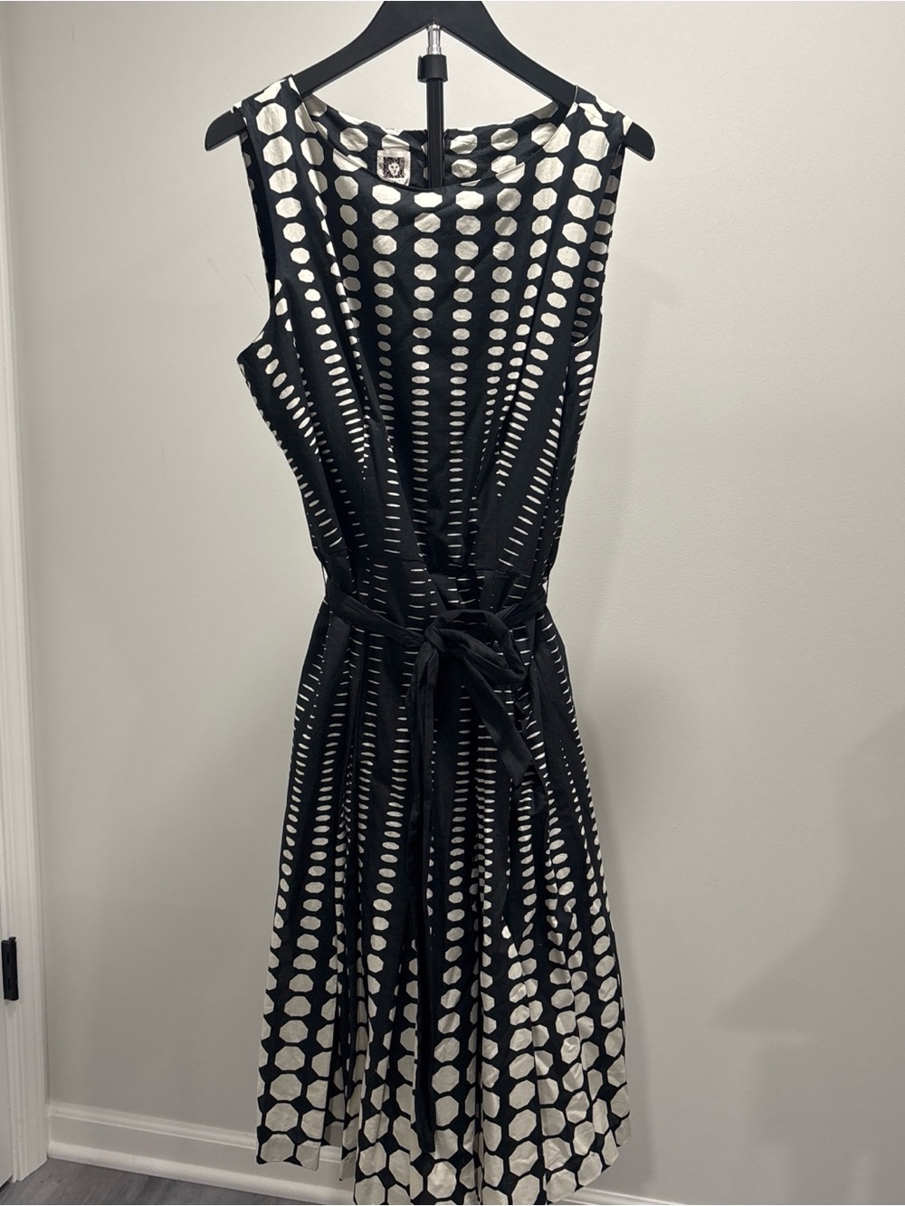 Anne Klein Black and White Polka Dot Midi Dress with Tie Waist
